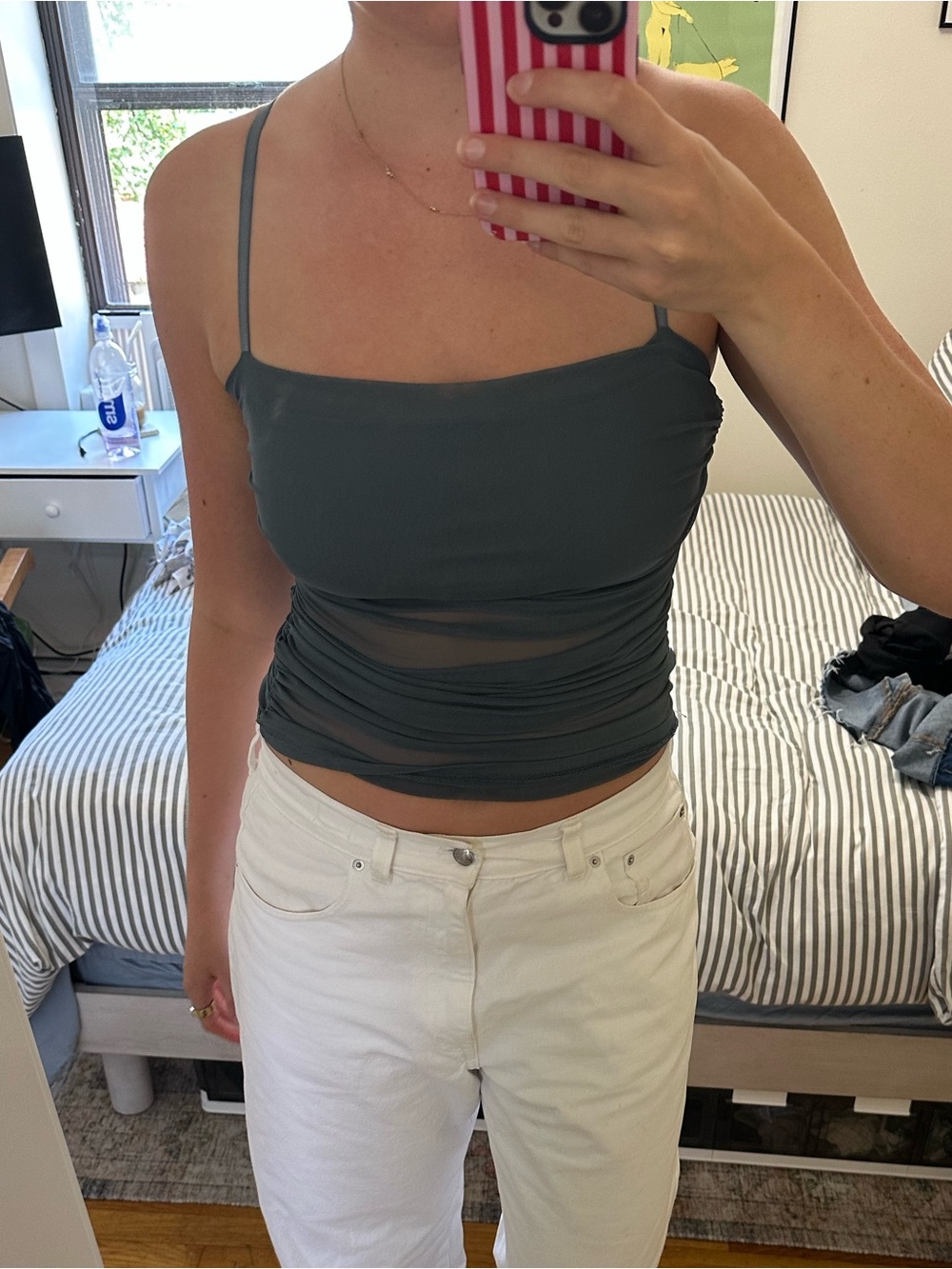Dusty Blue Gray Ruched Sheer Panel Cami